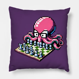 Pixel Chess Octopus: Retro 8-Bit Board Game Art Pillow