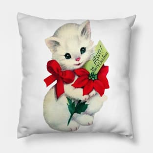 Christmas Kitten Wearing Red Bow Pillow