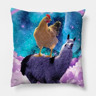 Chicken Riding Llama In Space - Rainbow Pillow