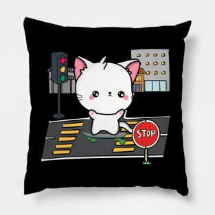 Funny angora cat is on a skateboard Pillow