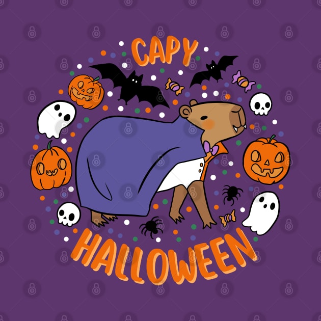 Happy Halloween a cute capybara wearing a vampire costume by Yarafantasyart