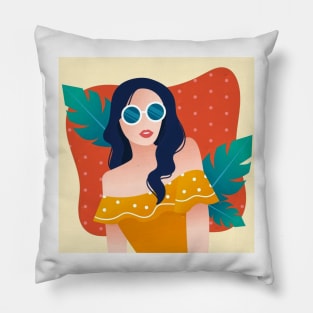 Girl with Wavy Hair and Glasses Pillow