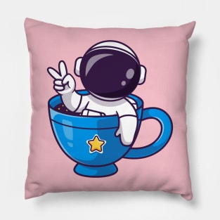 Cute Astronaut In Mug With Peace Hand Cartoon Pillow