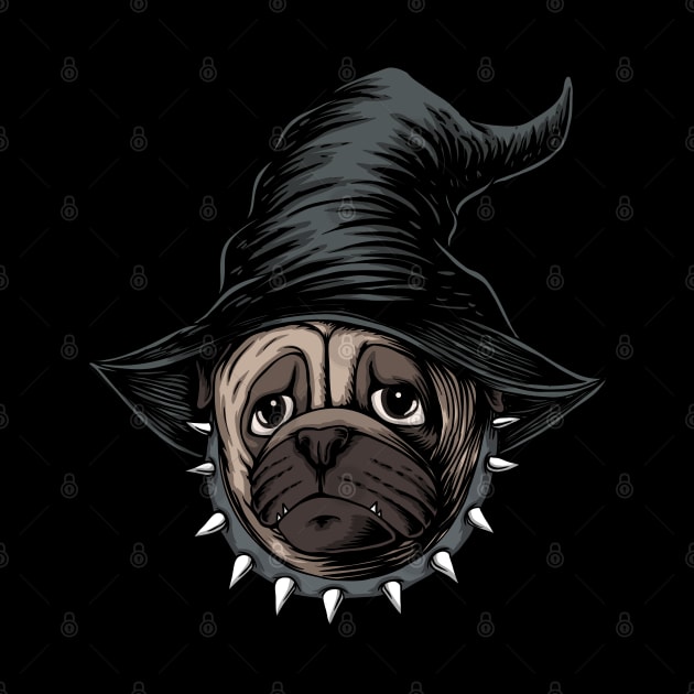 halloween pug dog wear hat witch illustration by affane