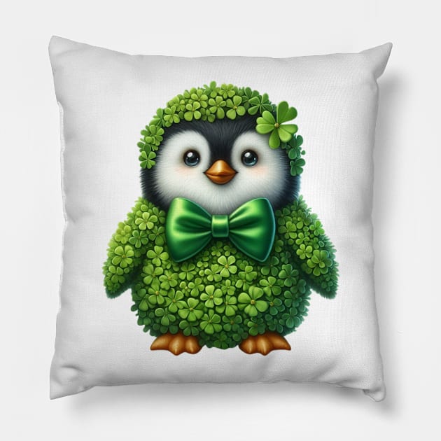 Clover Penguin St Patricks Day Pillow by Chromatic Fusion Studio