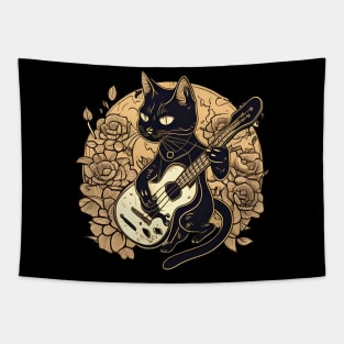 Cool Black Cat Playing Guitar - Funny Cats Tapestry