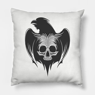 Silhouette of raven with human skull Tattoo. Emblem of death and witchery.Mythological symbol. Pillow