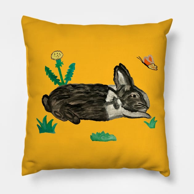 Rabbit with Butterfly and Dandelions Yellow Painting Pillow by Anke Wonder 