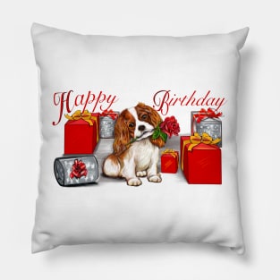 Happy birthday Cavoodle puppy dog with rose in its mouth surrounded by gifts. Cavapoo birthday Pillow