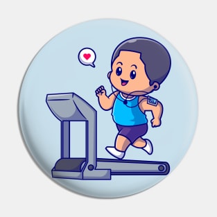 Cute Boy Running On Treadmill Cartoon Pin