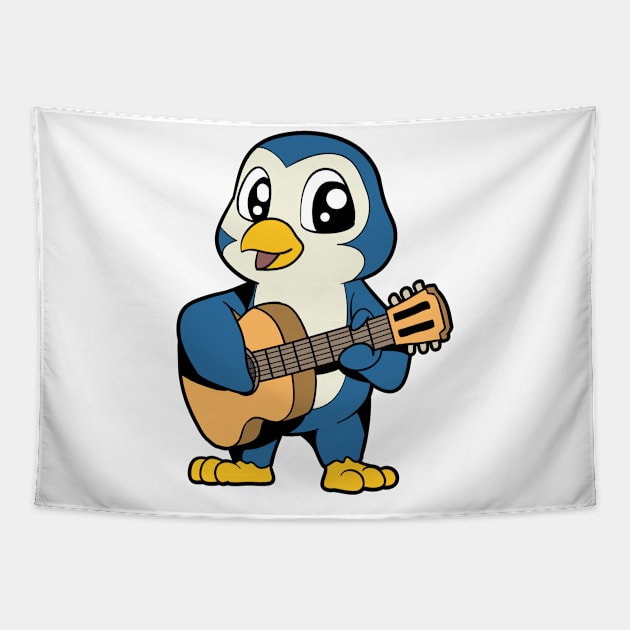 Cartoon penguin playing guitar Tapestry by Modern Medieval Design