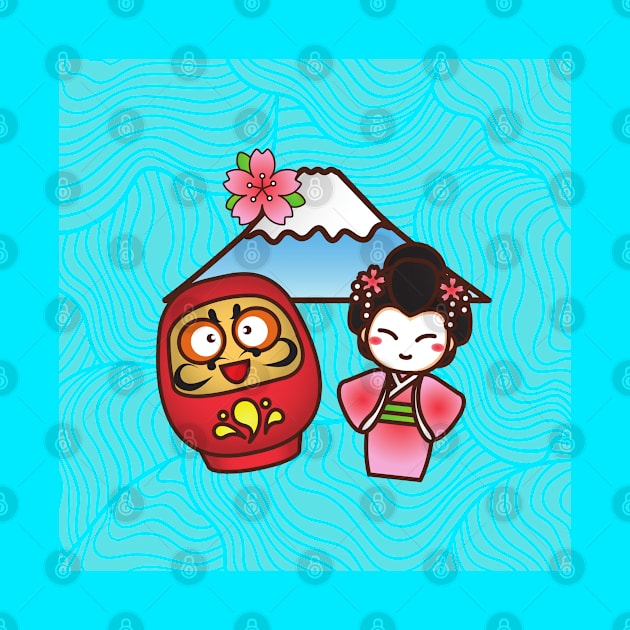 Lucky Daruma, Geisha and mount Fuji Cute Kawaii Japanese Design by OMC Designs