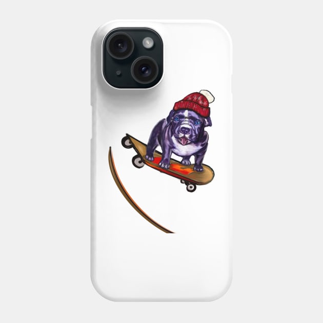 pit bull dog puppy skateboarding off a ramp wearing a red beanie hat with Pom pom - cute funny blue line pittie with piercing blue eyes Phone Case by Artonmytee