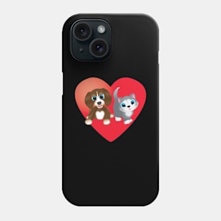 Brown Dog and Cat on Red Heart Phone Case