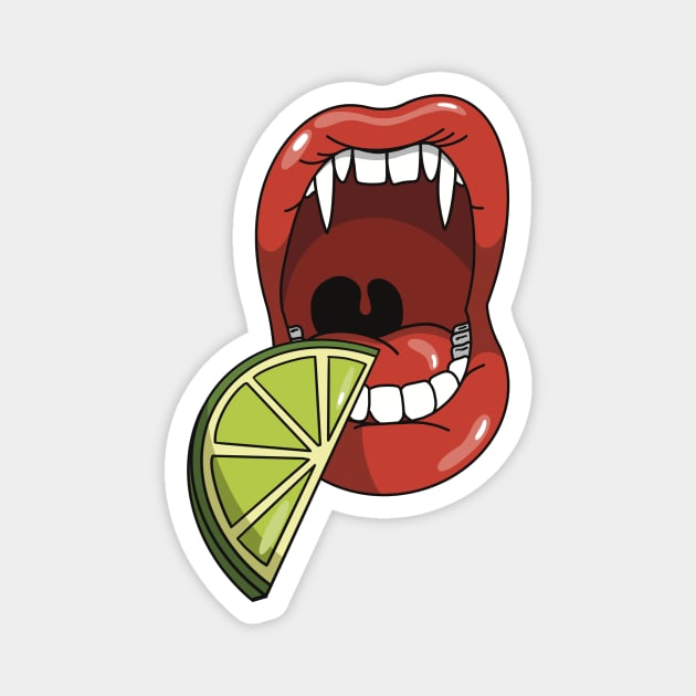 Mouth with vampire teeth about to take a bite into slice of lime Magnet by Fruit Tee