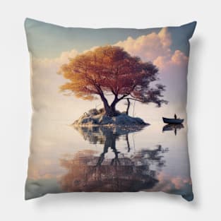 Tree In Calm Lake Serene Landscape Pillow