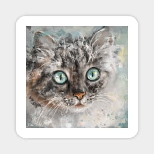 Chaotic Painting of a Grey and White Cat with Gorgeous Light Blue Eyes Magnet