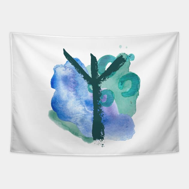 Rune Algiz On Blue Watercolor (Runes & Watercolors) Tapestry by El Onix