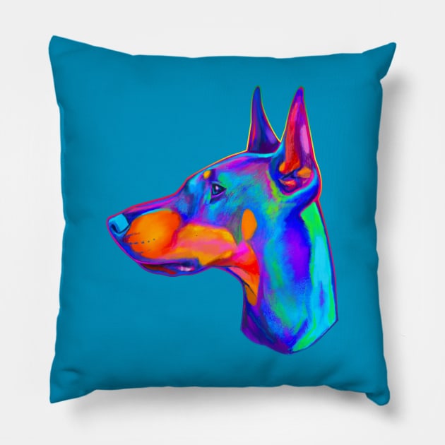 Doberman Pinscher in Colors Pillow by PenguinCornerStore