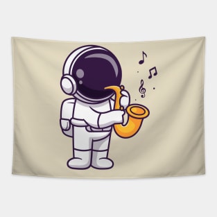 Cute Astronaut Playing Saxophone Music Cartoon Tapestry