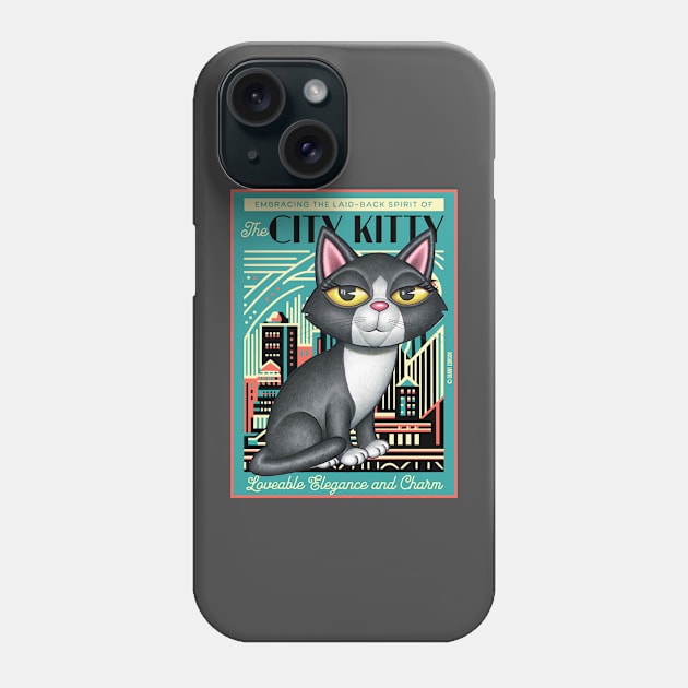 Black and white kitty on city kitty background in green Phone Case by Danny Gordon Art