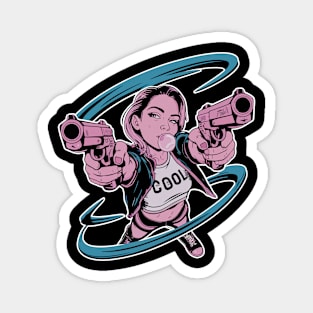 Badass Girl Blowing Bubble With Guns Pointed Up Magnet