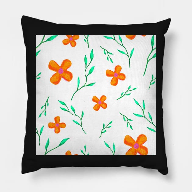 Orange Watercolor Floral Pattern on White Pillow by OneLook