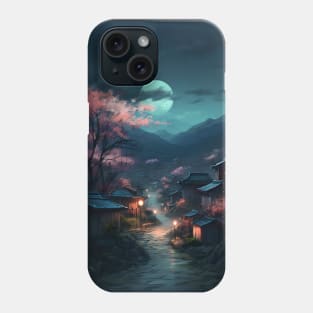 Serene Japanese Village with Cherry Blossoms under the Moonlight Painting Phone Case