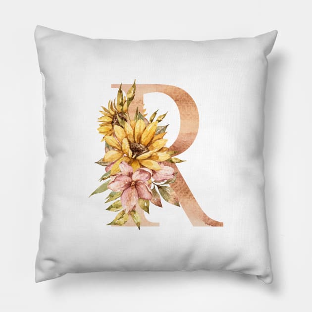 Watercolor sunflower bouquet monogram letter R Pillow by tiana geo