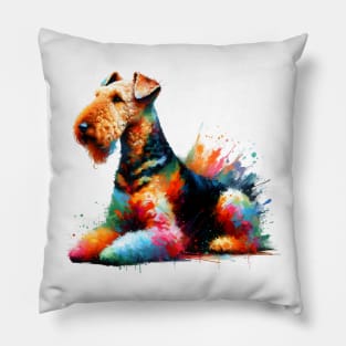 Vibrant Airedale Terrier in Artistic Splashed Paint Pillow