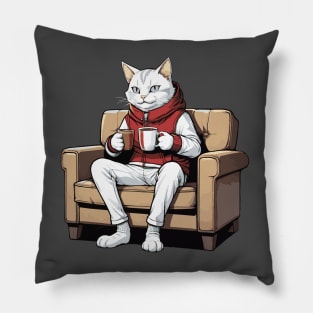 White Cat Sipping on Hot Chocolate Pillow