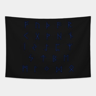 Futhark Rune Alphabet Stickers in Lightning Blue against the Night Dark Tapestry