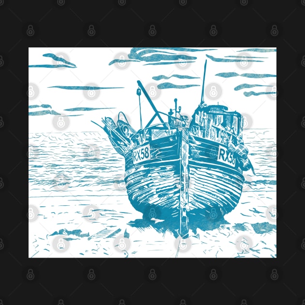 Linoprint Fishing Trawler Hastings Beach by NattyDesigns