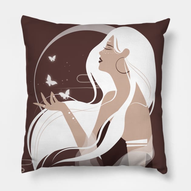 Celestial art, Moon art, Celestial butterfly print, Halloween, Witch art, Woman with long white hair, Aesthetic art Pillow by KristinityArt