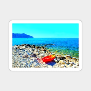 Scene in Spiaggia delle Terrazze with a boat on a rocky beach Magnet