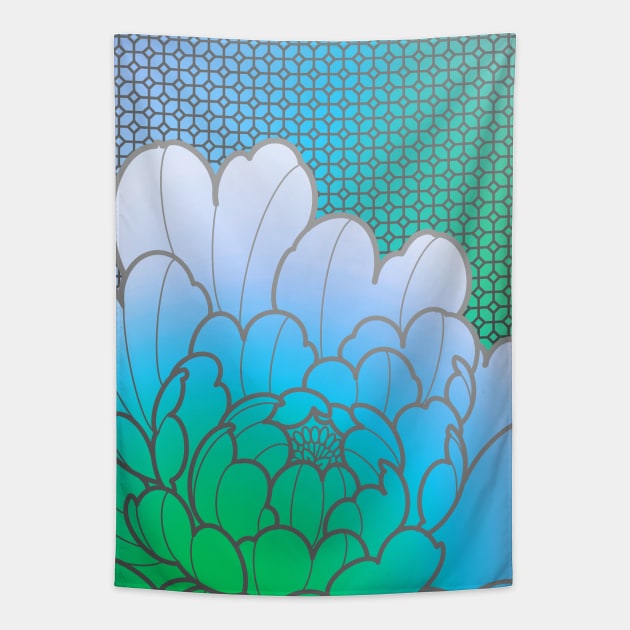 blue green peony flower and geometric pattern Tapestry by weilertsen