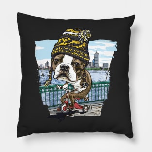 Boston Terrier Dog with Black and Yellow Winter Beanie Pillow