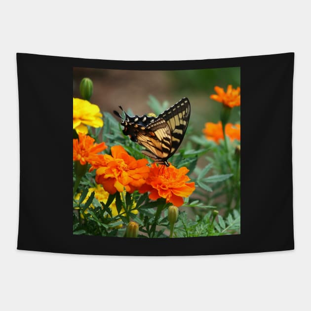 Swallowtail Butterfly and Marigold Garden Tapestry by SpiceTree