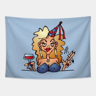 Drunken woman on a birthday party Tapestry
