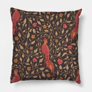 Red phoenix in floral wreath among orange and red flowers Pillow