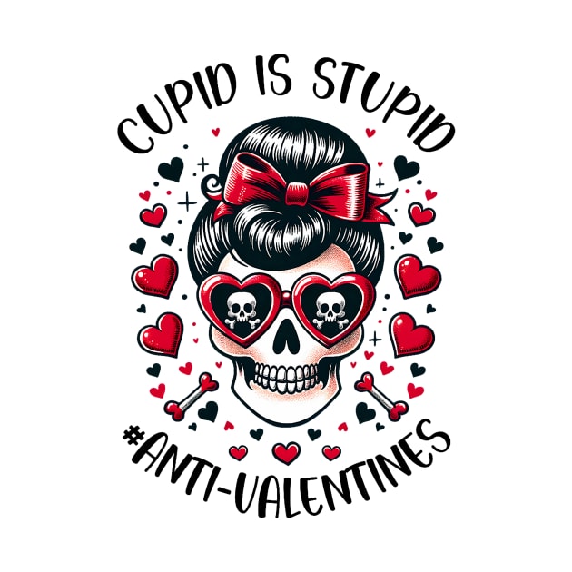 Funny Cupid Is Stupid Messy Bun Skull Anti Valentine_s Day by jadolomadolo