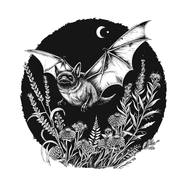 Flying Gothic Bat Witchy Moon & Plants by LunaElizabeth