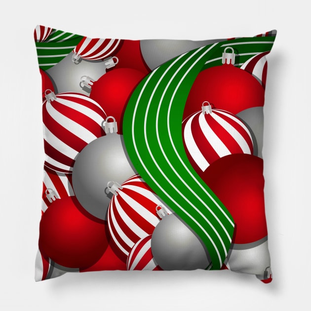 Christmas red and striped balls and green ribbon pattern Pillow by Elemesca