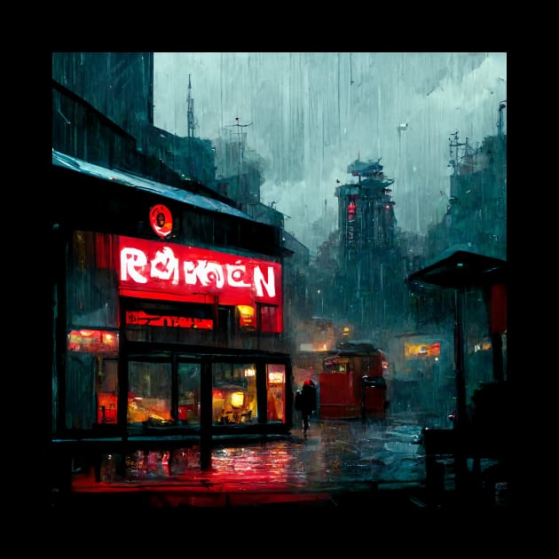 Rainy Ramen Shop - Cyberpunk Cityscape by ArkMinted