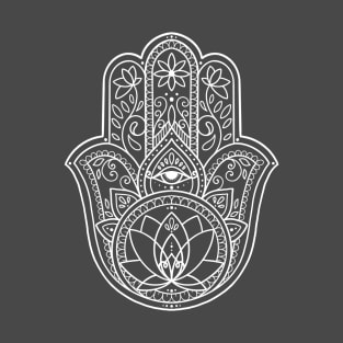 White Hamsa Hand and Lotus Flower Design by Lorna Laine T-Shirt