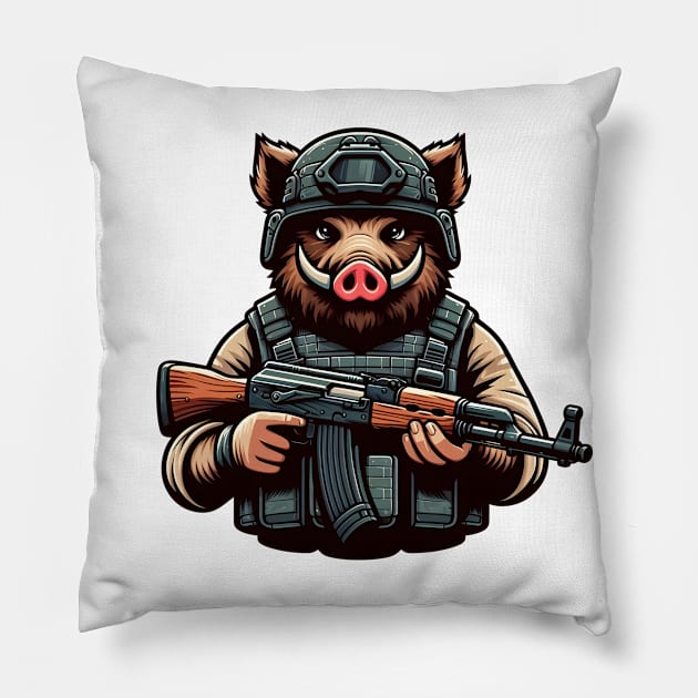 Tactical Wild Boar Adventure Tee: Unleash the Beast Within Pillow by Rawlifegraphic