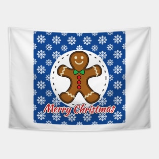 Gingerbread Man on Blue White Snowflakes Pattern - Merry Xmas Tapestry