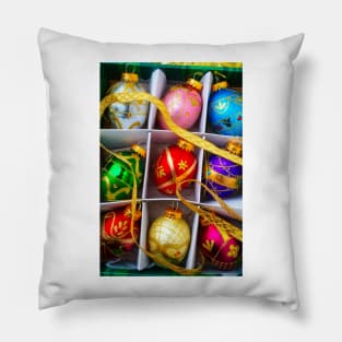 Gold Ribbon And Box Of Ornaments Pillow