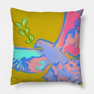 Pop art peace dove in teal and pink pastel colors on ochre yellow background Pillow