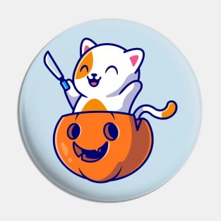 Cute Cat Holding Knife In Pumpkin Helloween Cartoon Pin